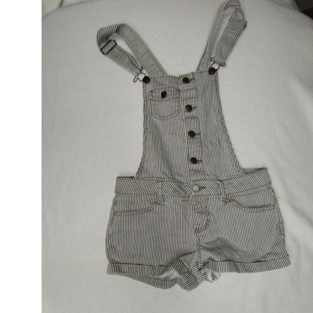 21 Denim Overalls Romper Striped Button Front Casual Cute Size 26 - Picture 2 of 12
